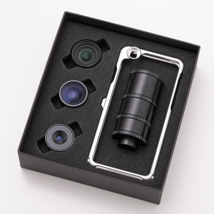 iPhone用の高性能カメラレンズ3種類（Zero Distortion Wide Lens (ZD Wide Lens)・フィッシュアイレンズ・マクロレンズ）と専用ケースのセット『tokyo grapher Platinum Edition iPhone 6s/6』