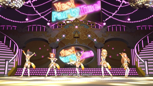 デレステにて佐々木千枝・櫻井桃華・龍崎薫・赤城みりあ・市原仁奈の5人が歌って踊る「Yes! Party Time!!」のMVのスクリーンショット