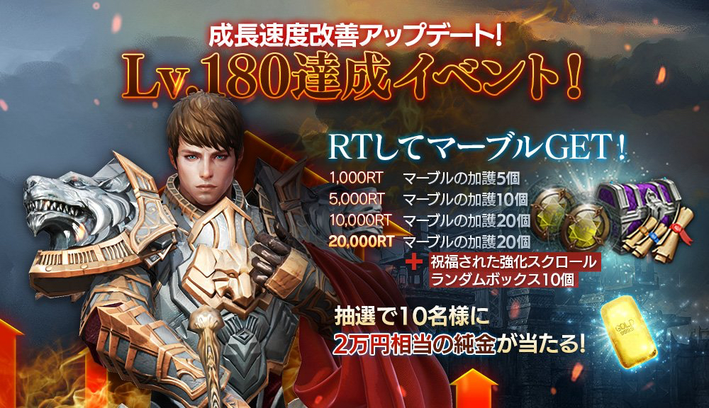 【リネレボ】180レベル以上のスクショを呟くと2万円相当の純金が当たる!? マーブルの加護や祝福された強化スクロールボックスがもらえるキャンペーンも
