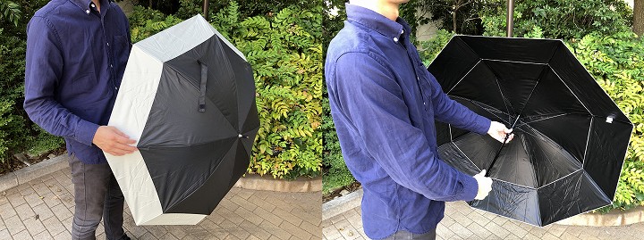 傘を展開していくと同時に縁(ふち)が広がり、45cmが60cmまで大きくなります。逆に、傘を畳むと縁(ふち)の部分が傘内部に収まって小さくなります。