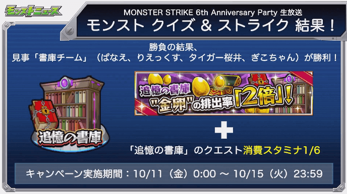 モンスト クイズ＆ストライク結果