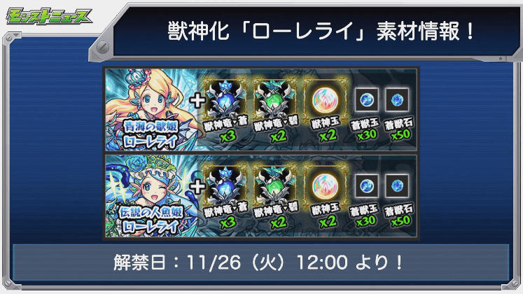 ローレライ獣神化解禁日は11/26(火)