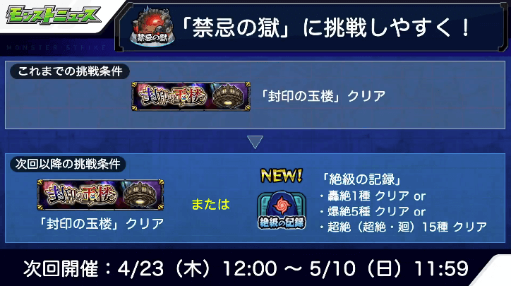禁忌の獄が挑戦しやすくなる