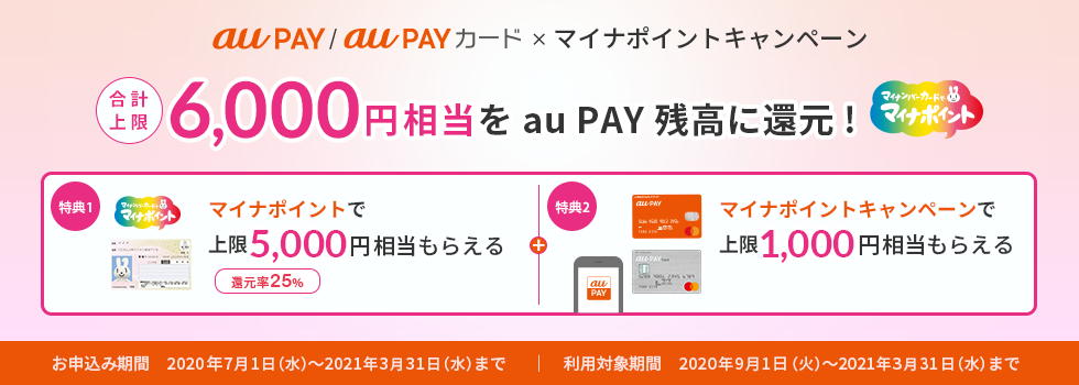【au PAY】マイナポイントで6,000円還元! 7月1日から申込み開始