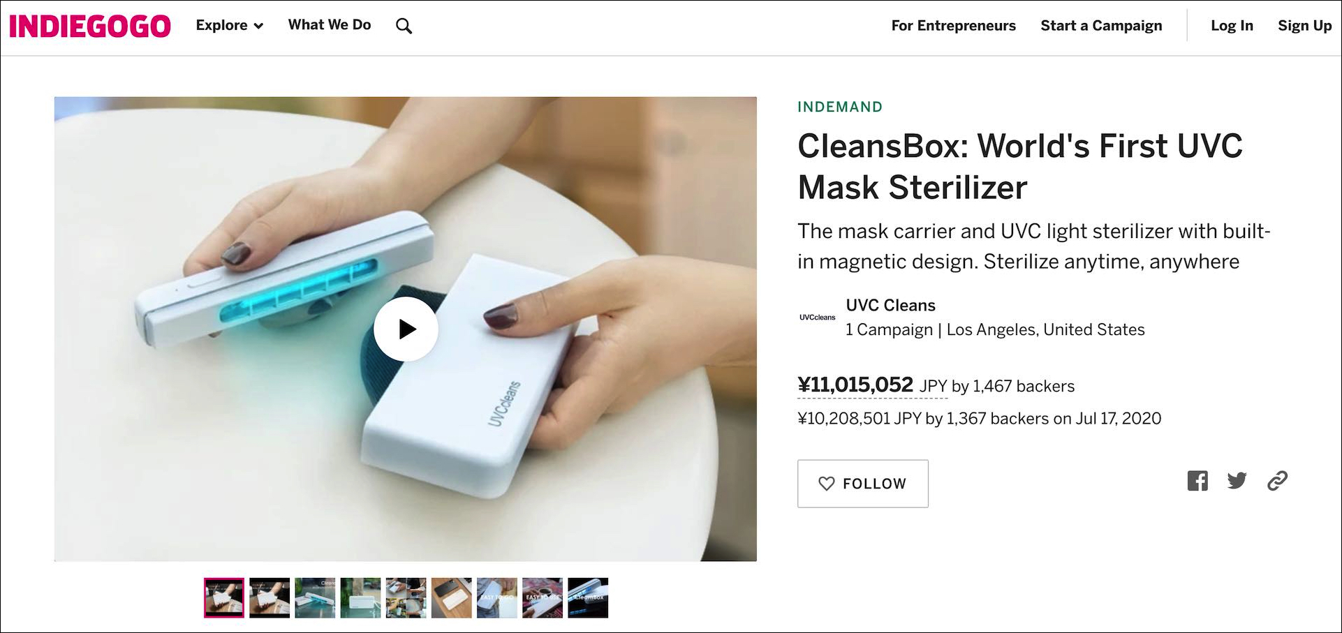   CleansBOX、紫外線、マスク除菌、新型コロナウィルス対策、クラウドファンディング、Crowdfunding、Indiegogo Indemand