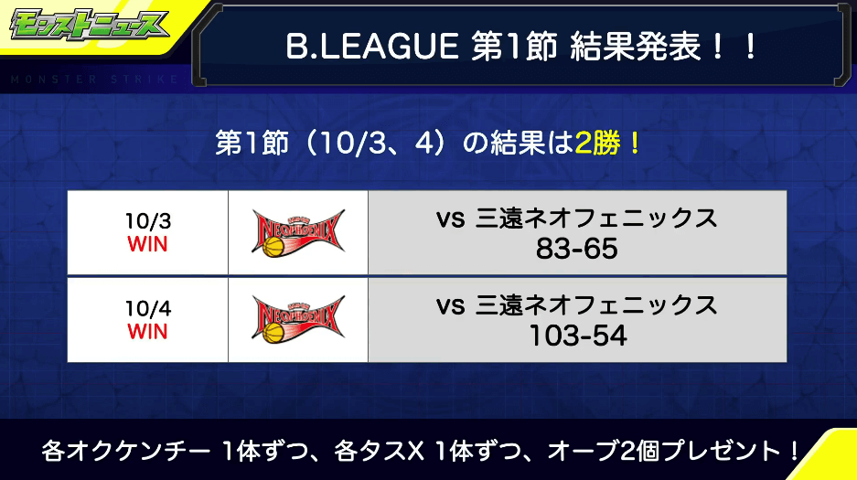 4B.LEAGUE情報第1節結果 オーブ2個プレゼント