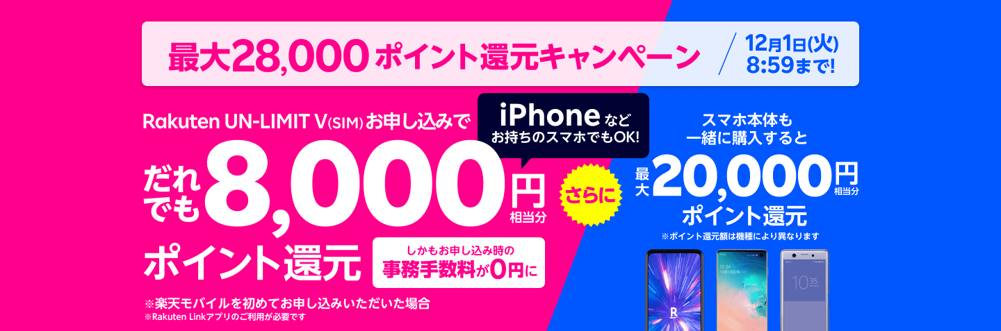 楽天モバイル、契約8,000円＆スマホ購入で＋20,000円還元キャンペーン開催!
