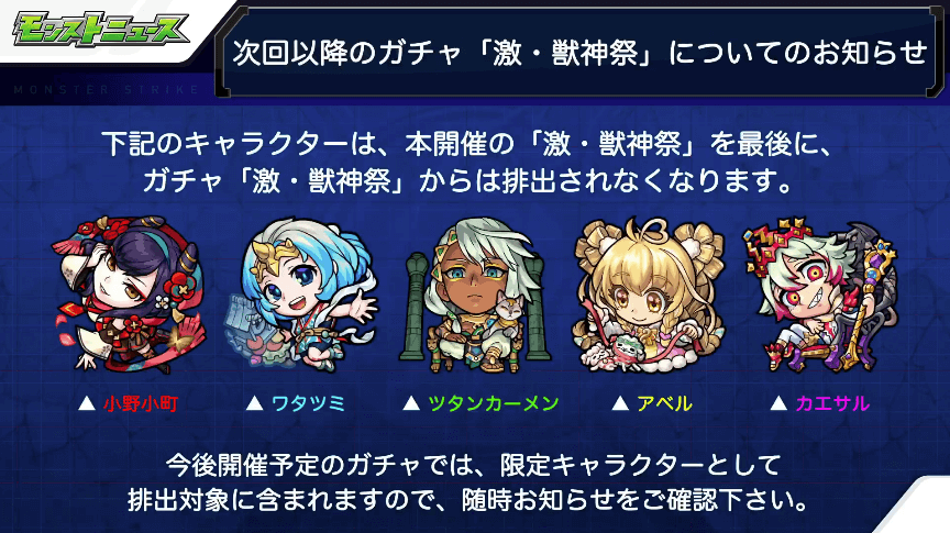 1何体かの激・獣神祭の限定キャラが次回以降ほかのガチャへ移籍