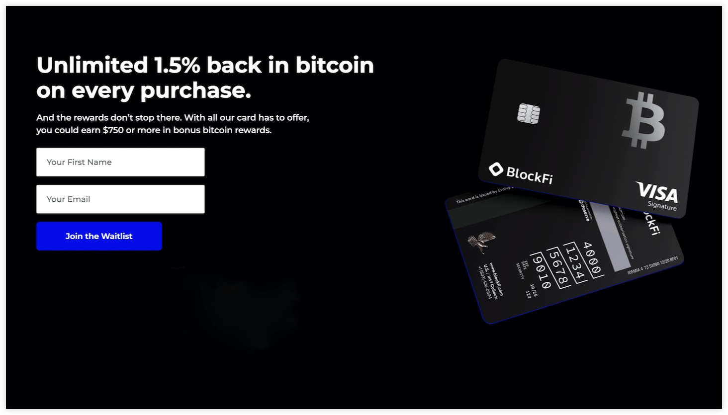 BlockFiが発行するビットコインクレジットカード、申し込み画面のスクリーンショット
