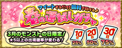 神ガチャきた!! 最大75%の確率で星5キャラが出る「モンスト春の運試し」が開催!!