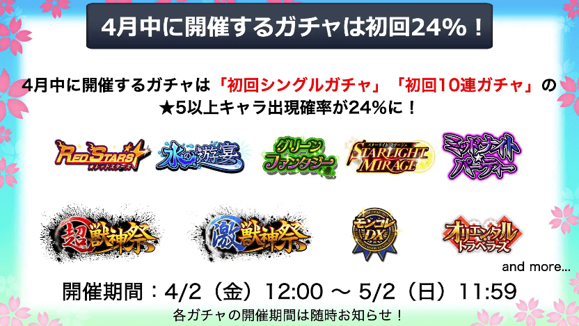 114月中に開催するガチャは初回24%で引ける