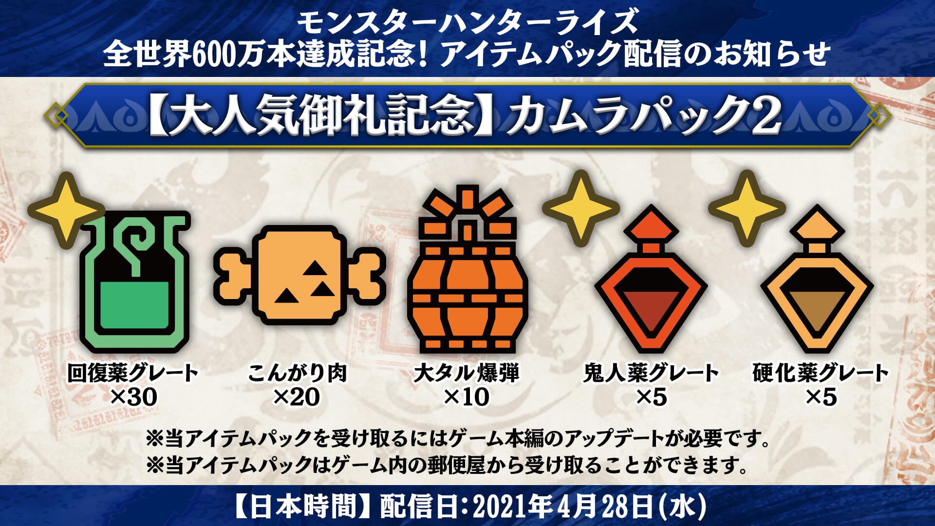 【モンハンライズ】全世界売上600万本達成! 記念のアイテムパックが無料配布。気になる中身は……?