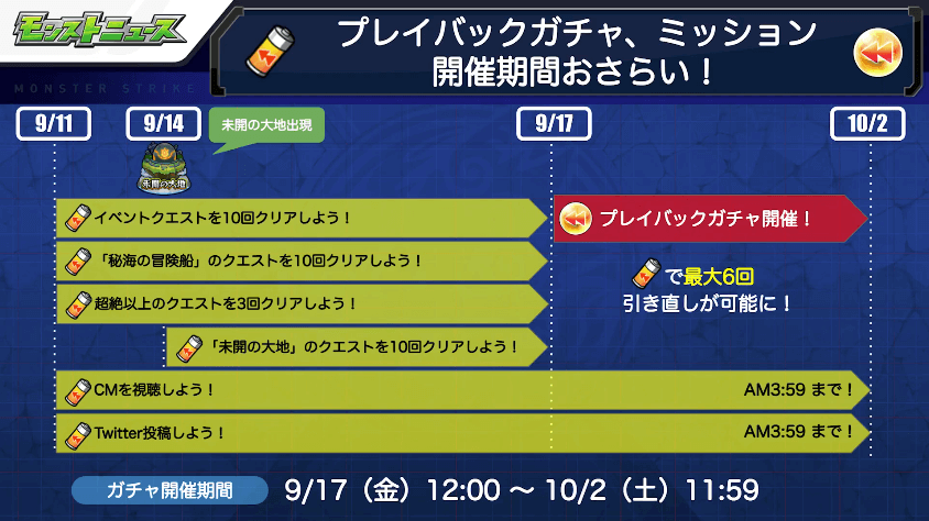 17プレイバックガチャ、ミッション開催期間おさらい
