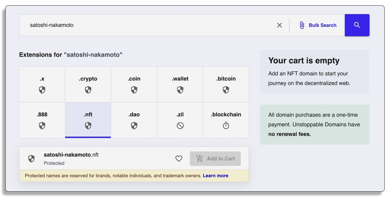 Unstoppable Domains, アンストッパブル ドメイン,仮想通貨,暗号資産,ドメイン検索の例