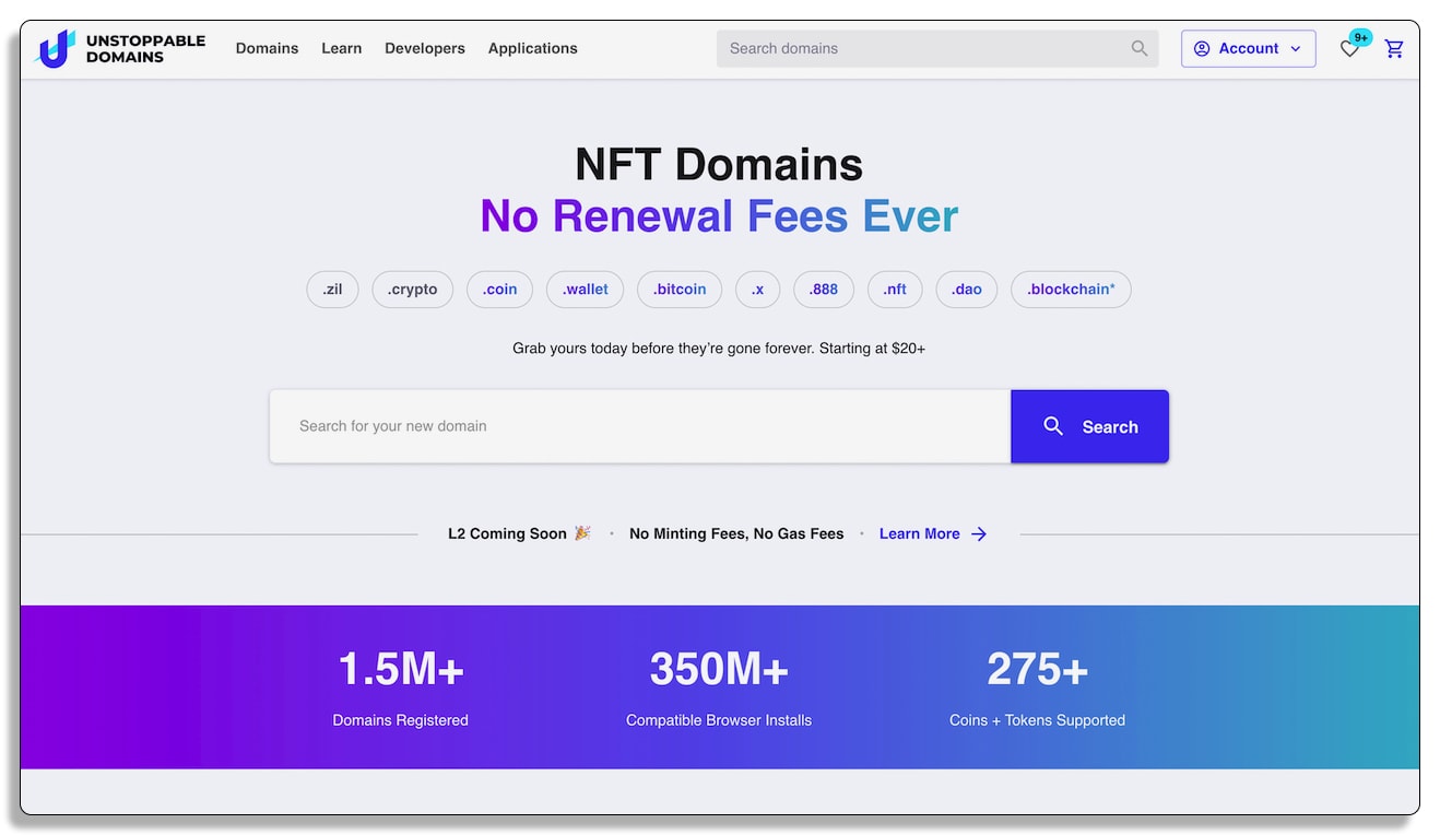 ブロックチェーンドメインのNFTを購入できるアンストッパブル・ドメインズの画面