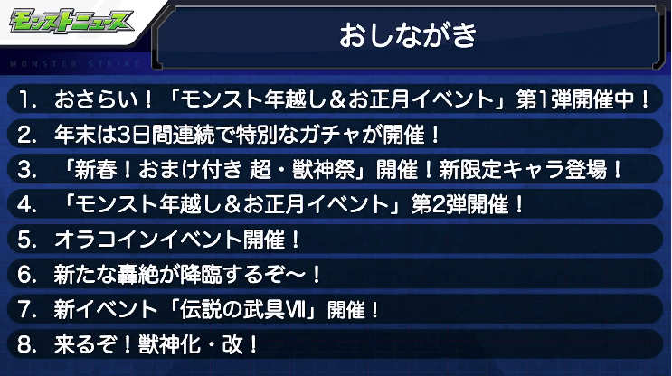 １モンストニュースおしながき