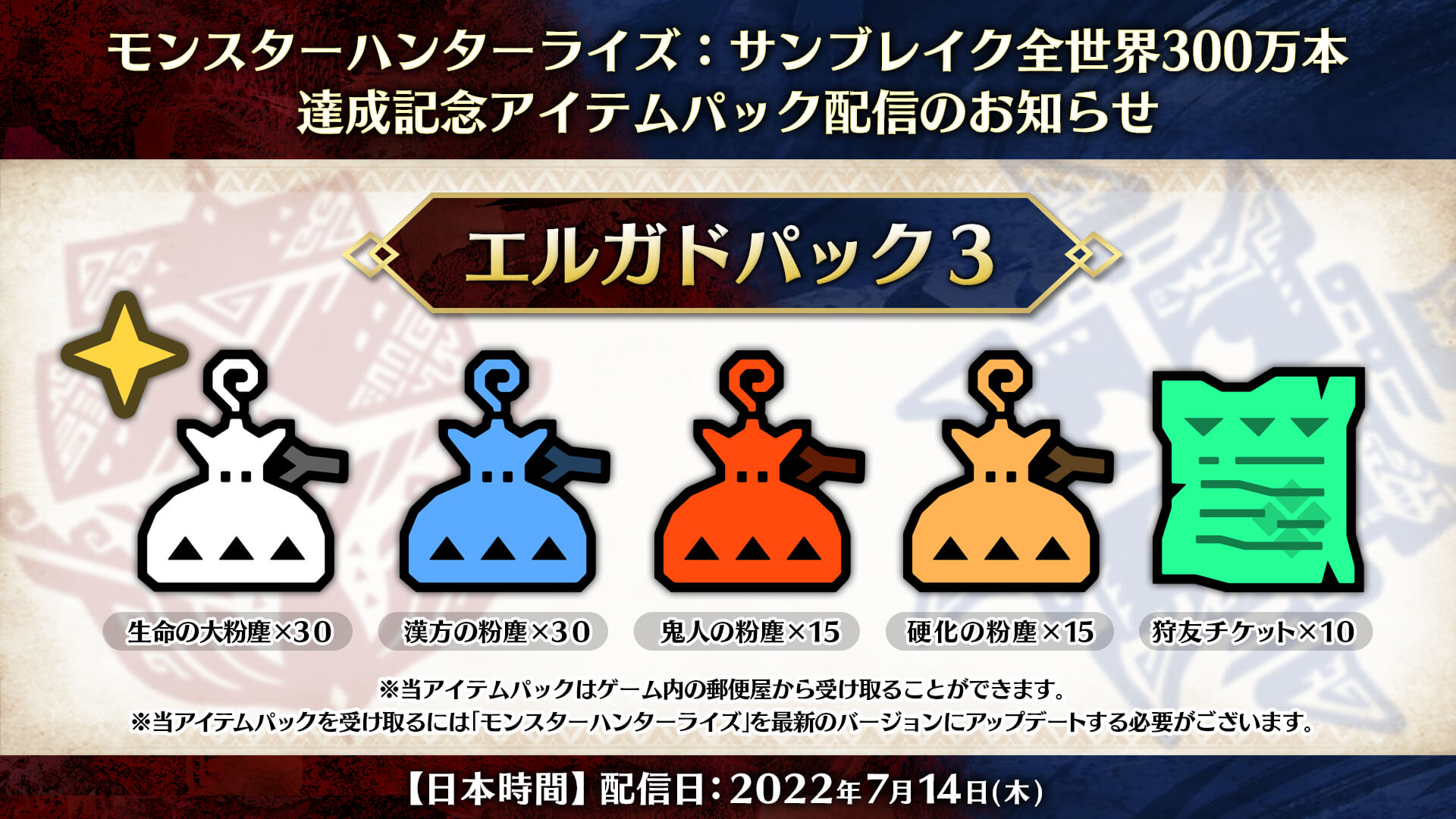 【モンハンサンブレイク】300万記念で新アイテムパック! 多数の粉塵と狩友チケットが無料配布