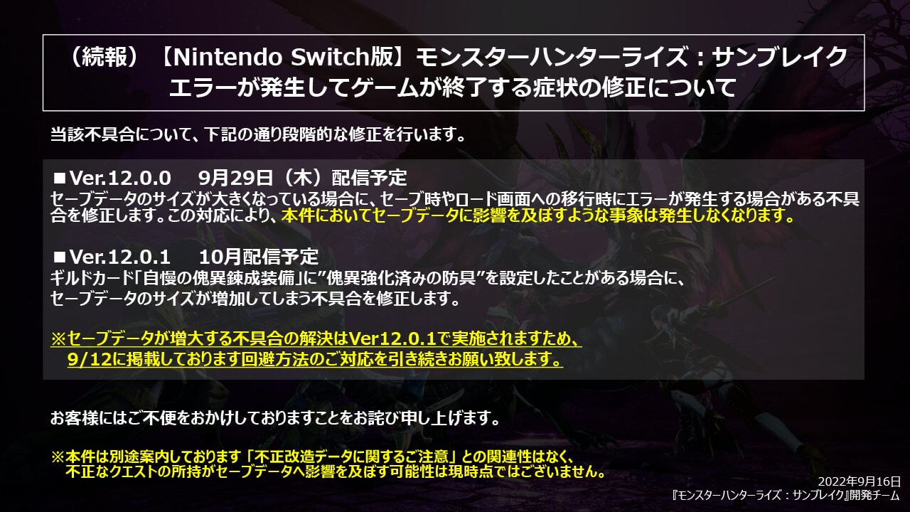 【モンハンサンブレイク】セーブ不具合の対応日程が公開。でも引き続き個人での対策は必要な模様