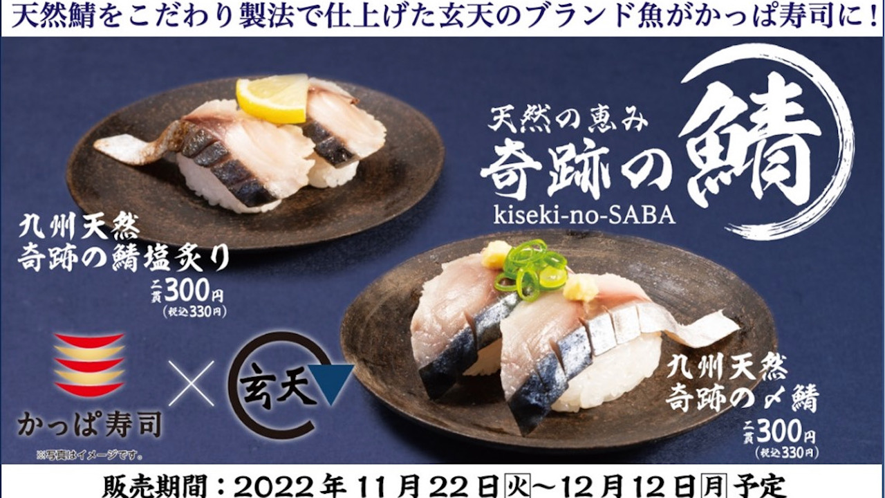【かっぱ寿司】九州の海が育んだ天然鯖!  玄天のブランド魚「奇跡の鯖」登場! 11/22より