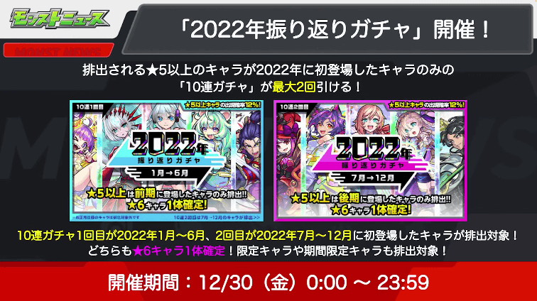 １０2022年に初登場したキャラのみが登場するガチャ！