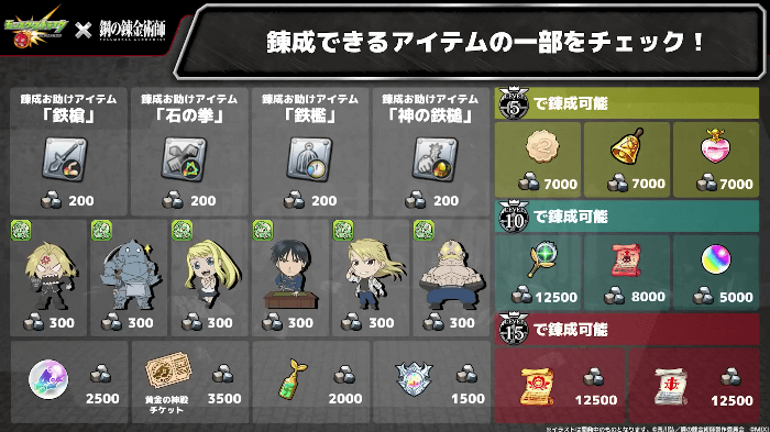 48錬成できるアイテムの一部をチェック