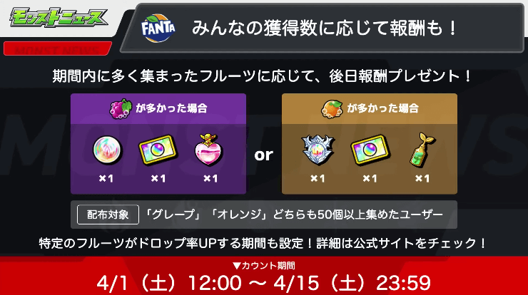 20みんなのフルーツ獲得数に応じて報酬も