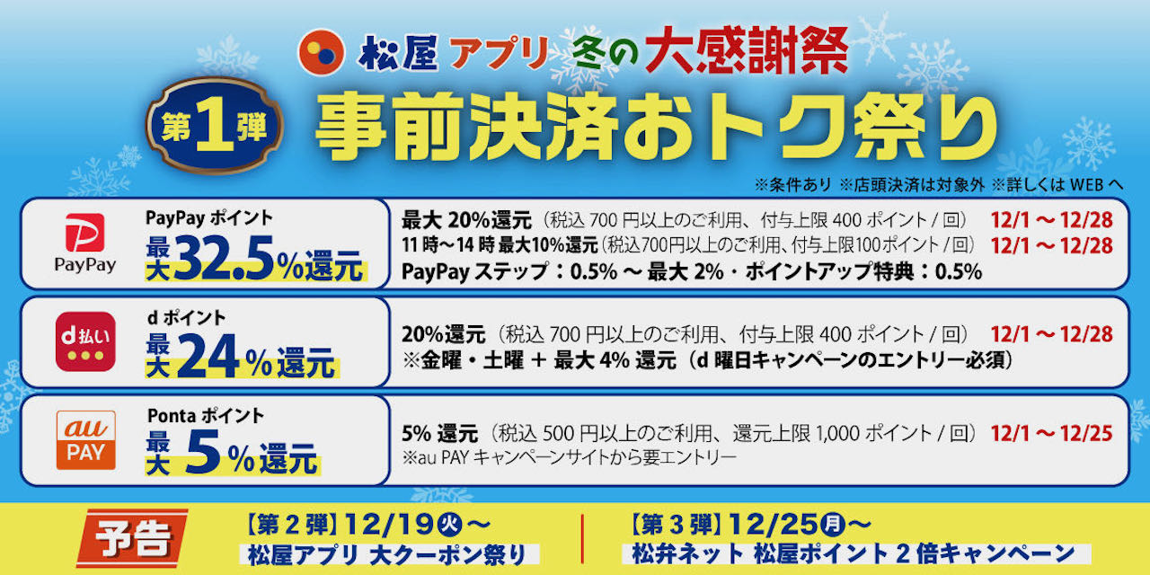 【松屋フーズ】最大20%還元! 松屋アプリ 冬の大感謝祭第1弾「事前決済おトク祭り」12/1より開催！