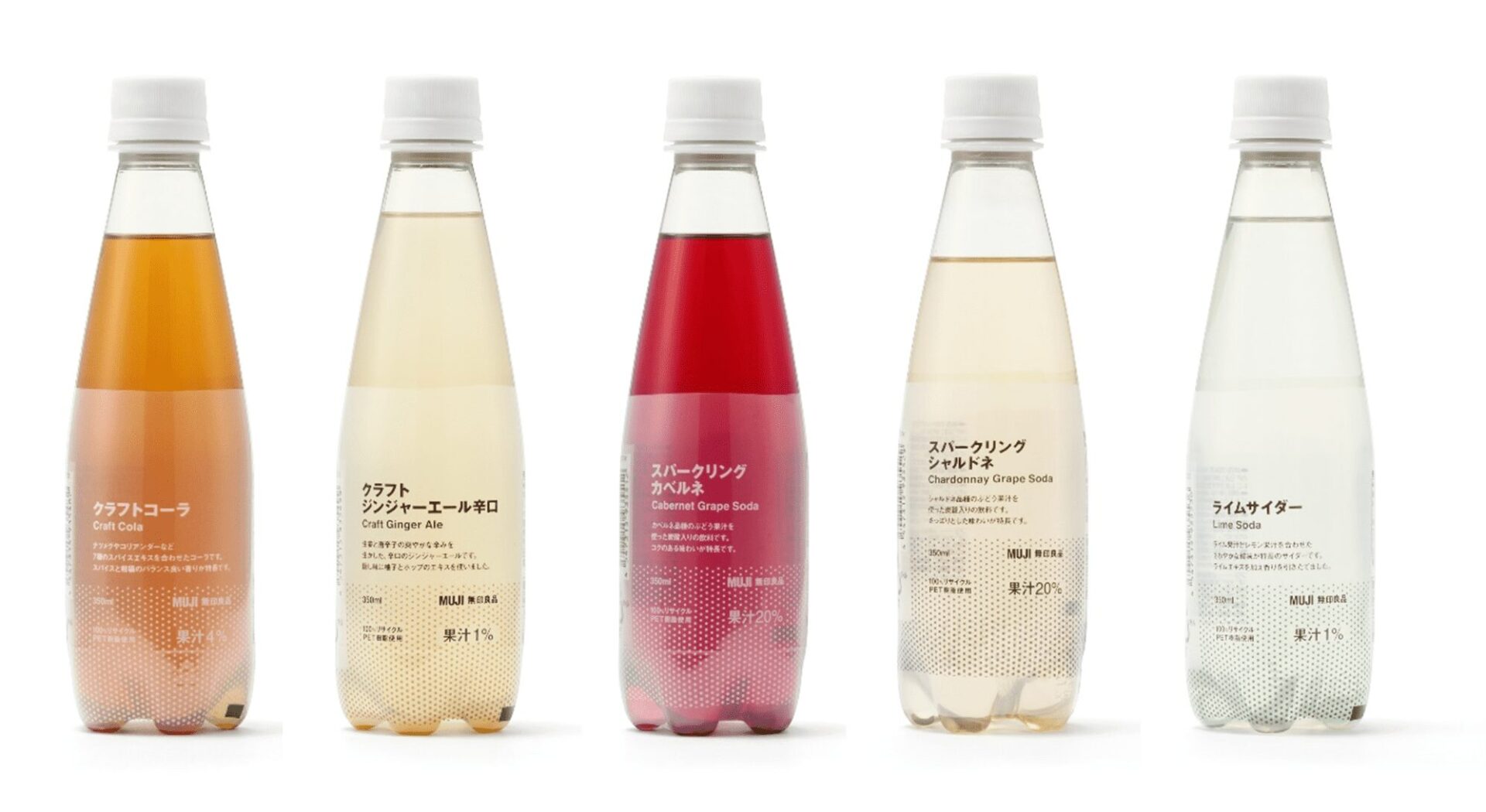 無印良品、夏向け清涼感ある炭酸飲料5種を新発売！　再生PETボトル採用で環境配慮も