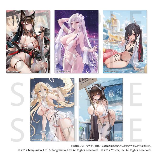 記事画像13: 5枚のイラスト。水着姿の女性キャラクターが描かれている。