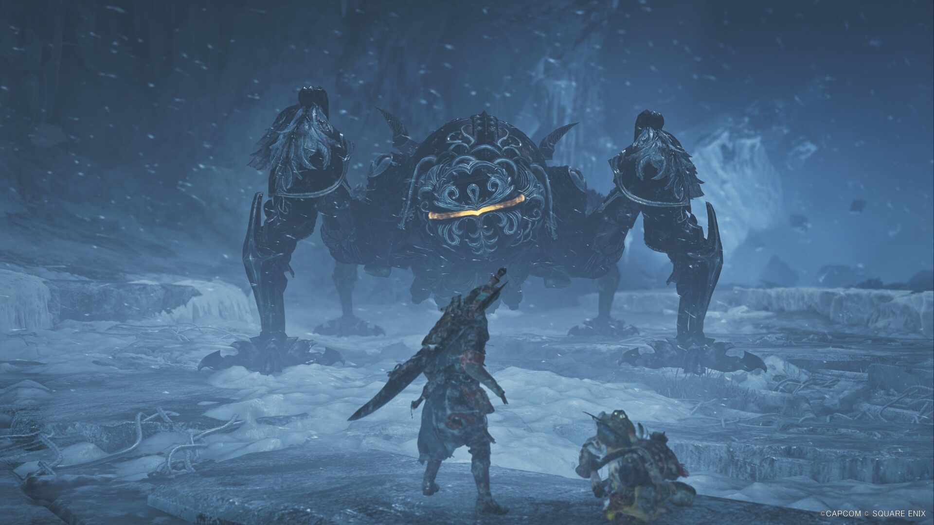 記事画像2: 氷と雪の荒野で巨大なボスと対峙するプレイヤーキャラクター