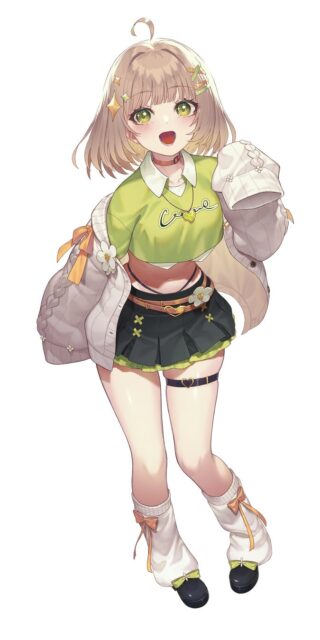記事画像2: アニメ調のキャラクター。緑のクロップド丈シャツとプリーツスカートを着用。