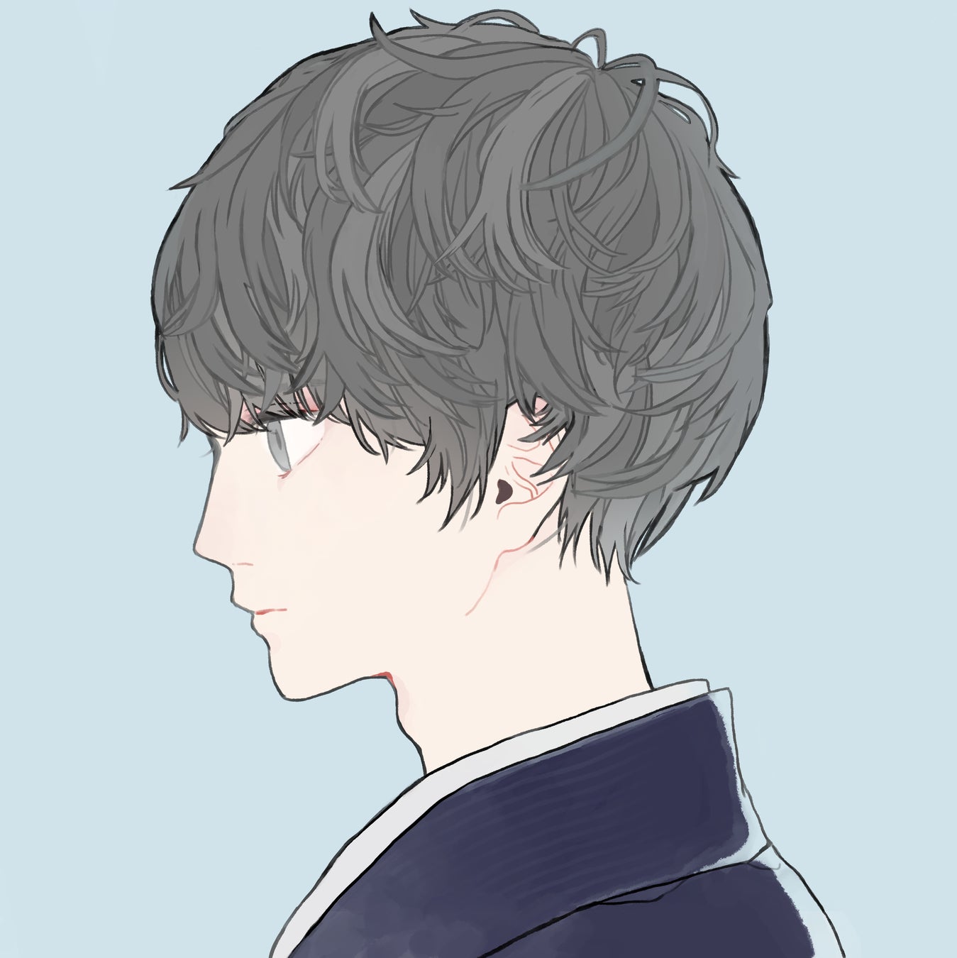 記事画像2: 横顔の男性のイラスト。グレーの髪と青い上着。