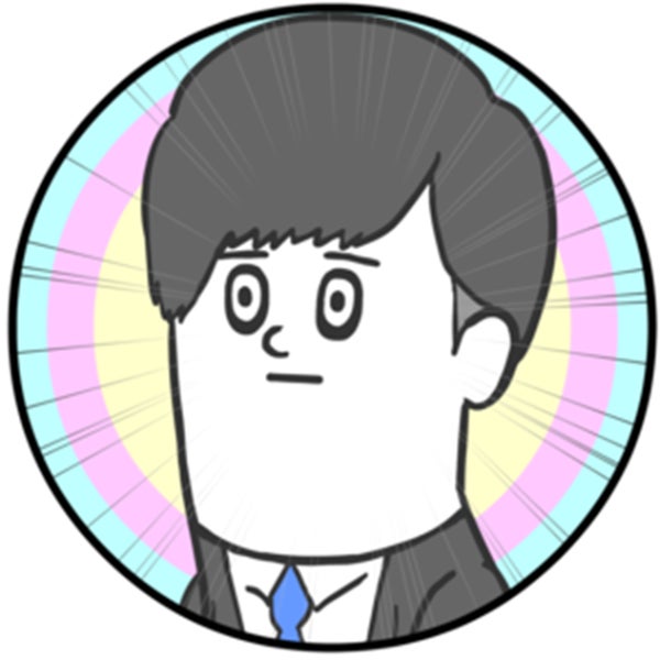 記事画像3: 困惑した表情の男性のイラスト。背景に虹色の放射線。
