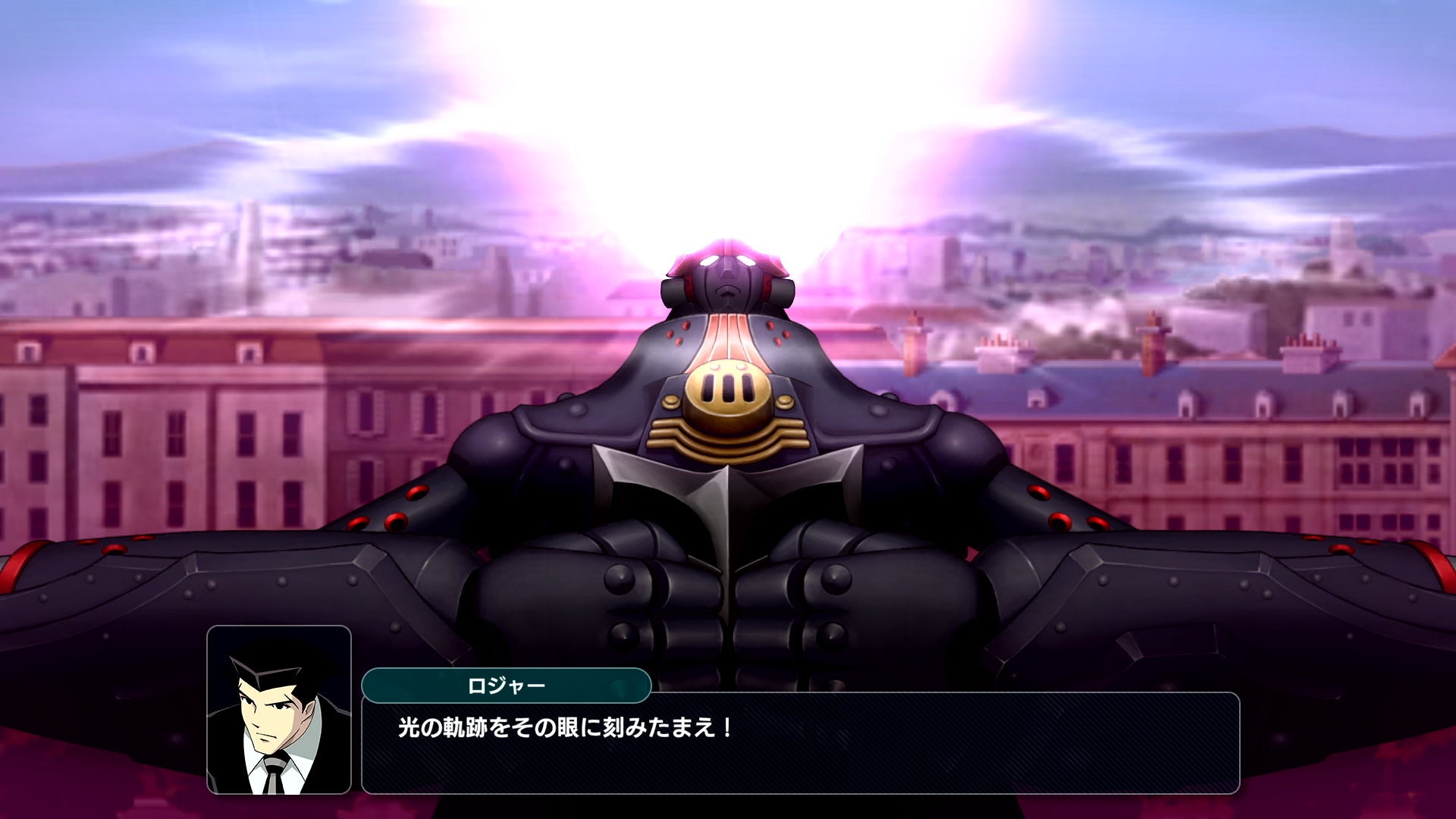 記事画像5: 巨大ロボットとアニメ風のキャラクター、都市の風景、光の演出。