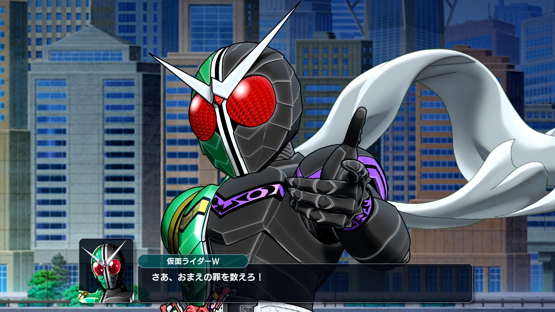 記事画像6: 仮面ライダーWが街を背景にポーズをとっている。