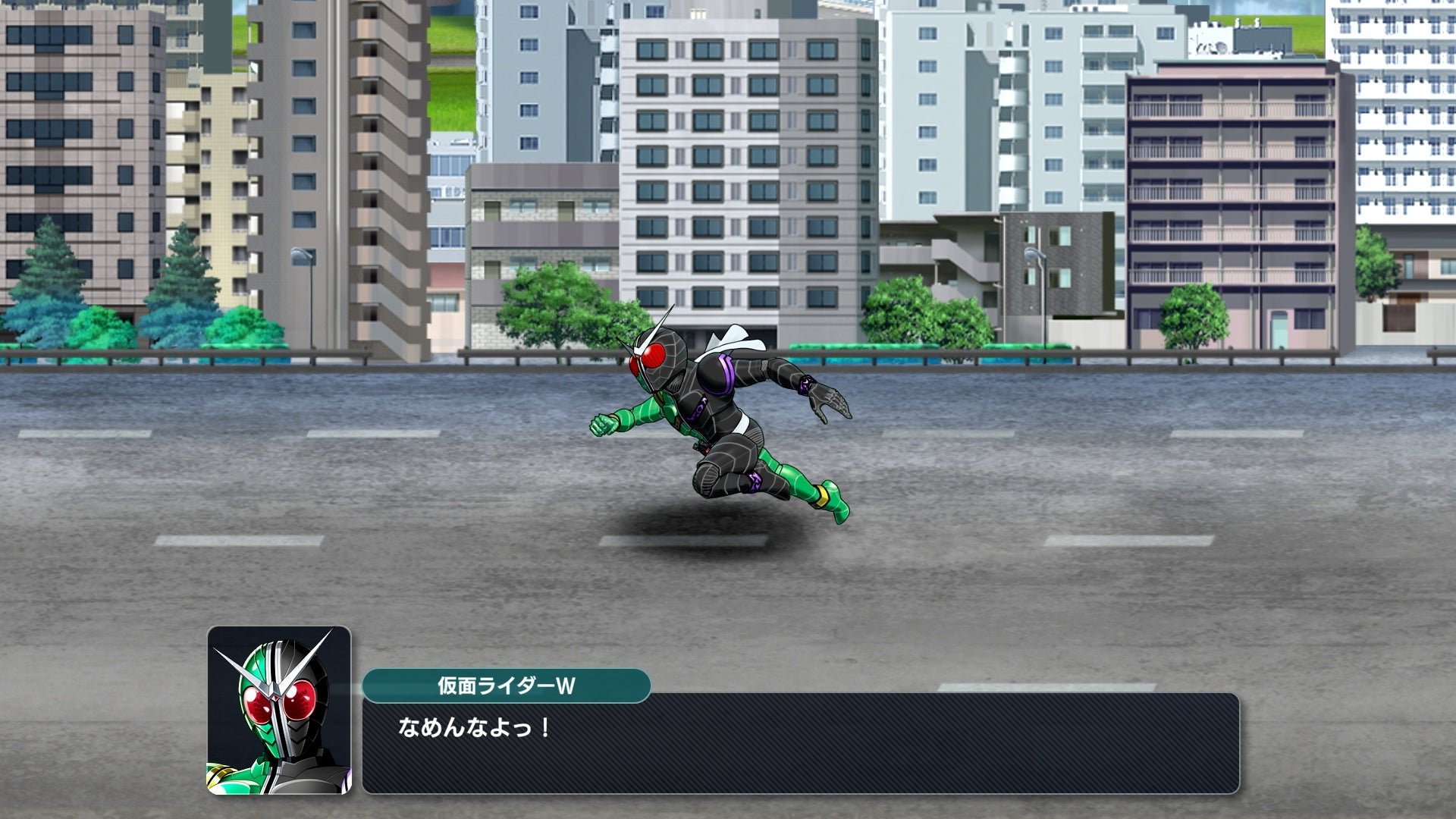記事画像7: 仮面ライダーWが街中を疾走するアニメ風のゲーム画面。