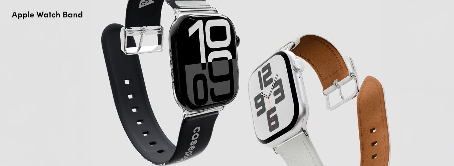 記事画像5: Apple Watchと交換用バンドのクローズアップ画像。黒と白の2種類。
