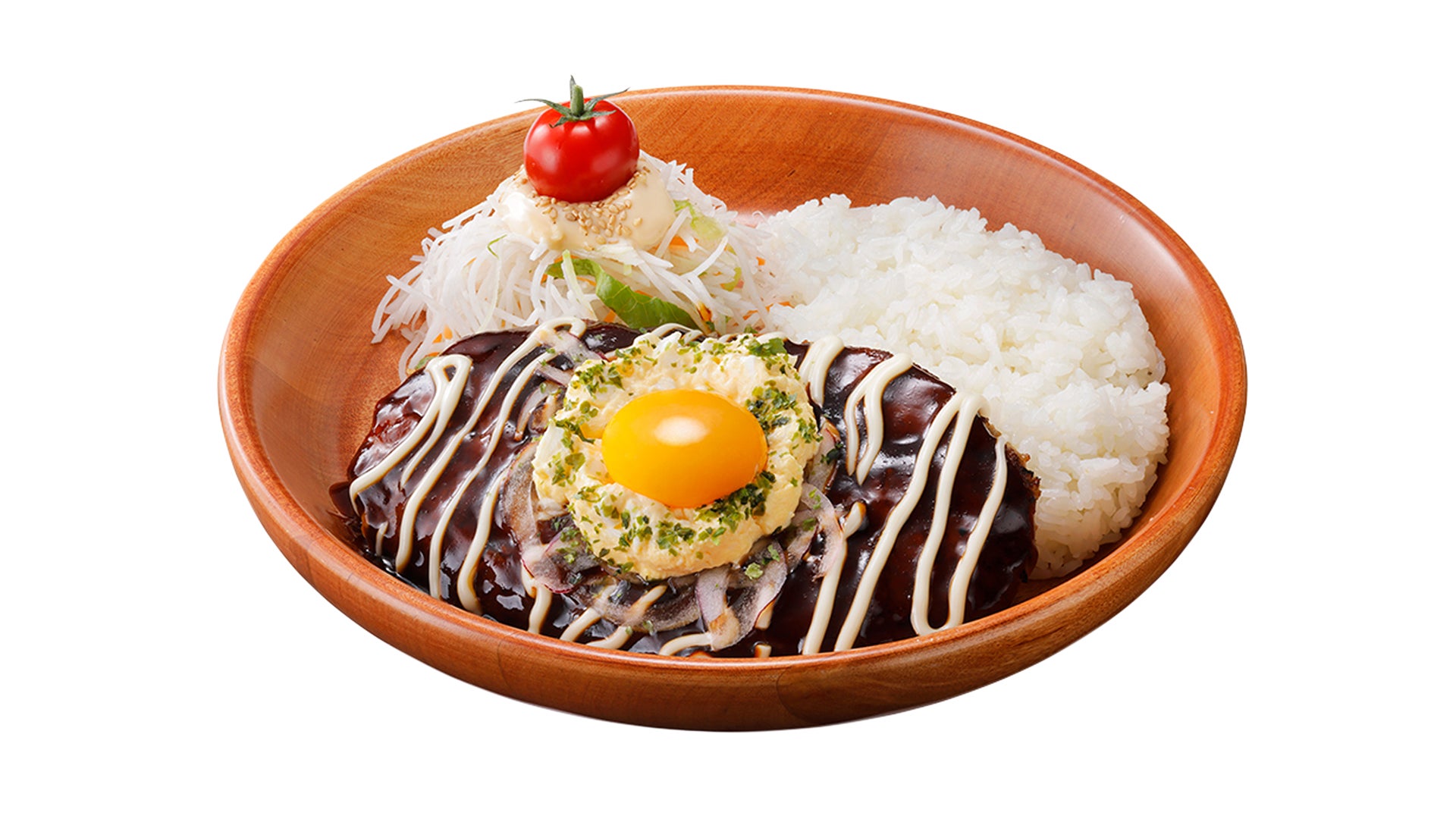 記事画像3: 木製ボウルに入ったロコモコ丼。ハンバーグ、ご飯、サラダ、目玉焼き。