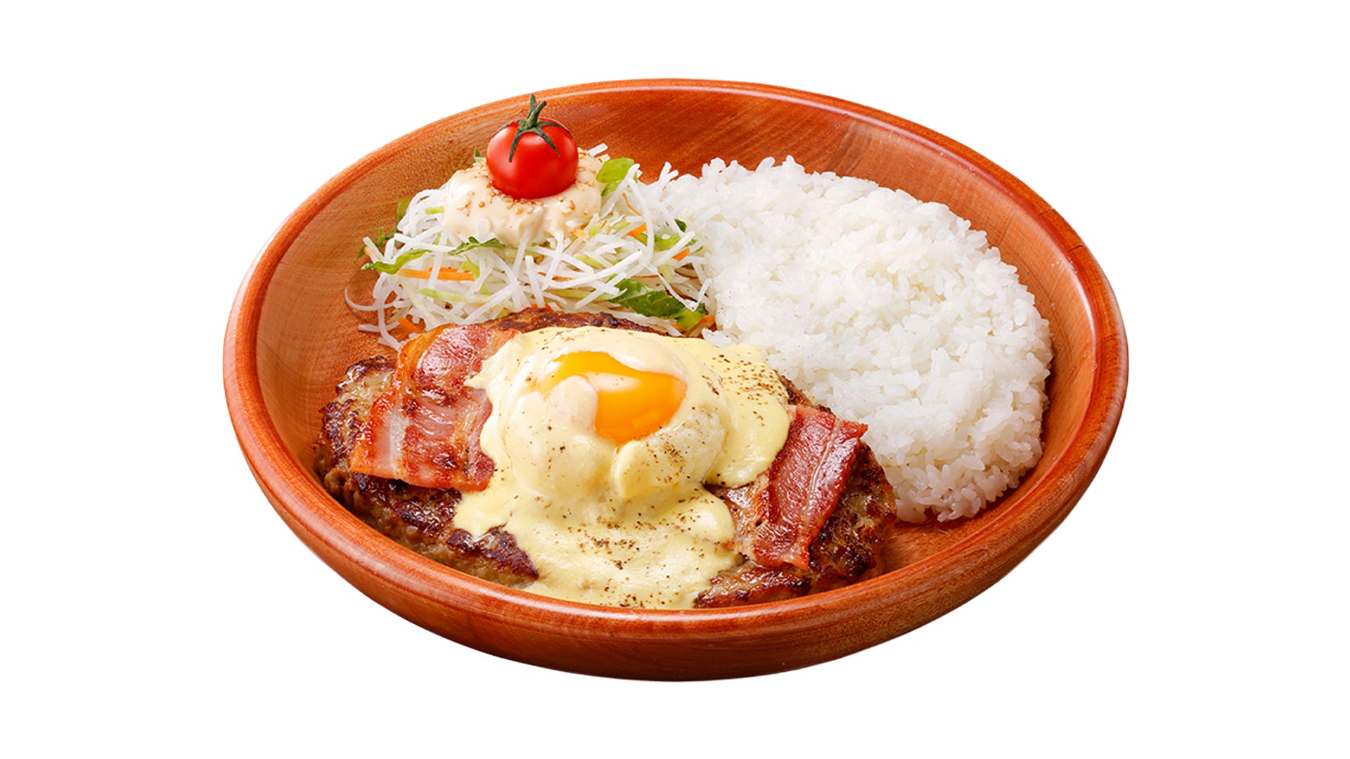 記事画像4: 目玉焼きとベーコンが載ったハンバーグ、ご飯、サラダのセット