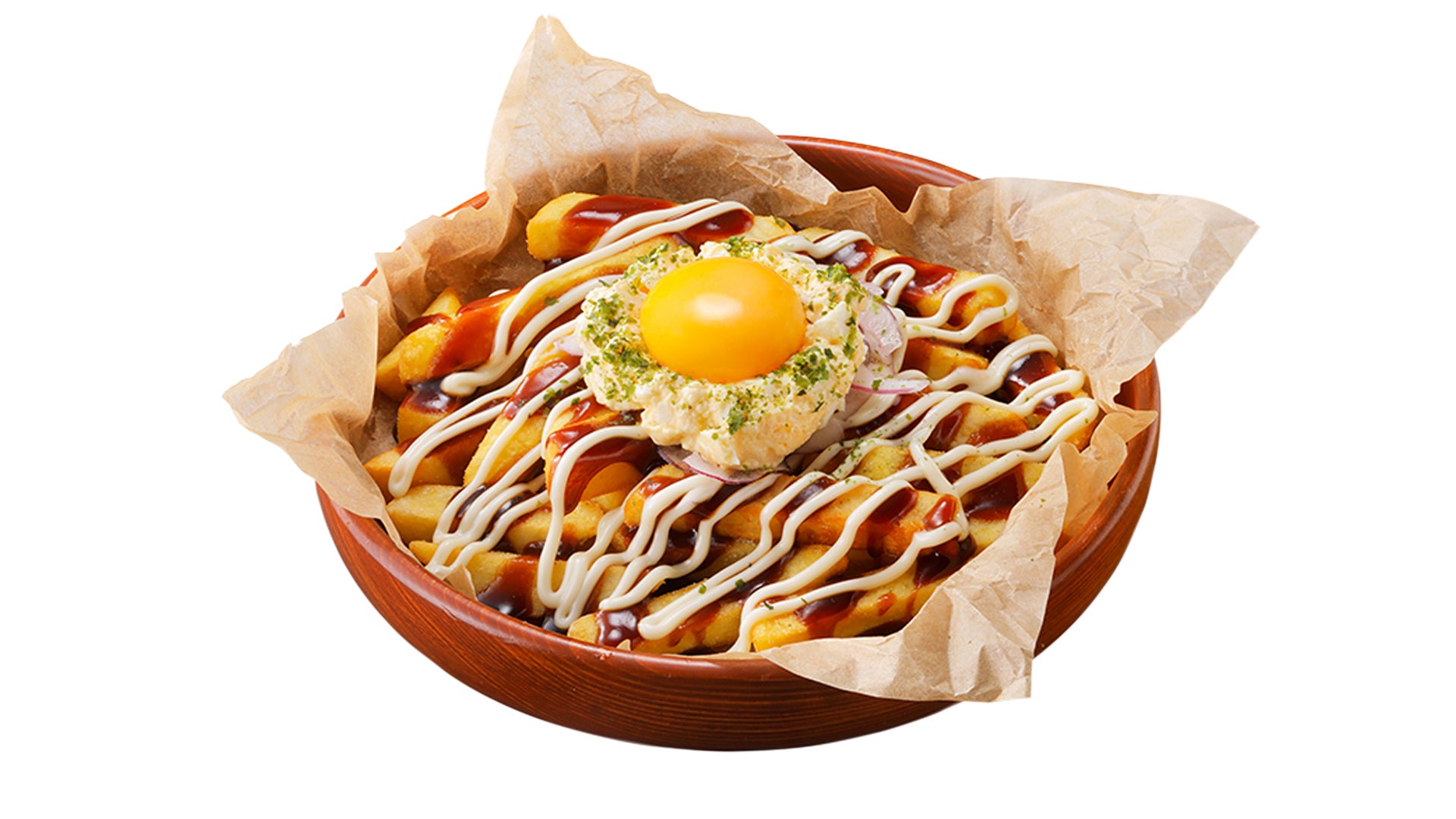 記事画像5: フライドポテトに卵黄、マヨネーズ、ソースがかかった料理