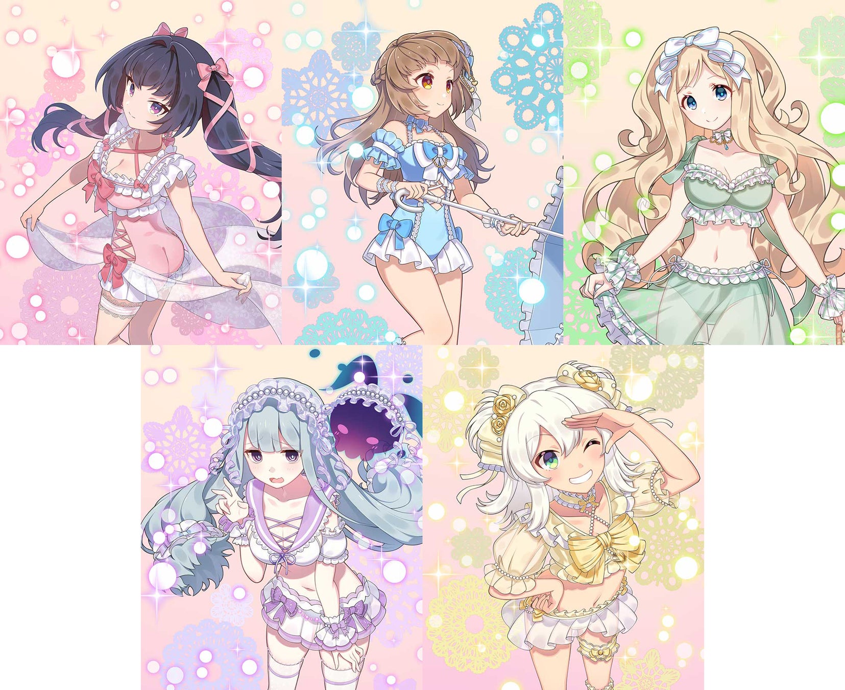 記事画像5: アニメ風の衣装を着た5人の少女のイラスト。背景はパステルカラー。
