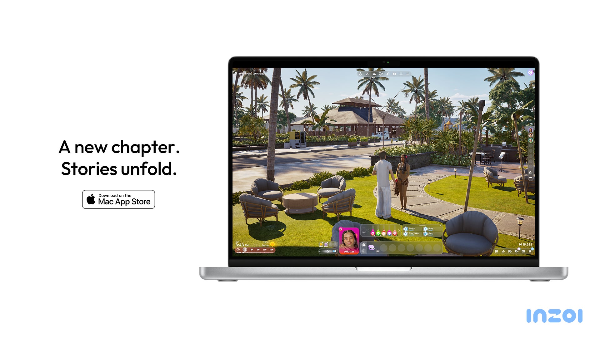 記事画像9: MacBookでプレイ中のゲーム画面。リゾート風の公園で男女が会話している。