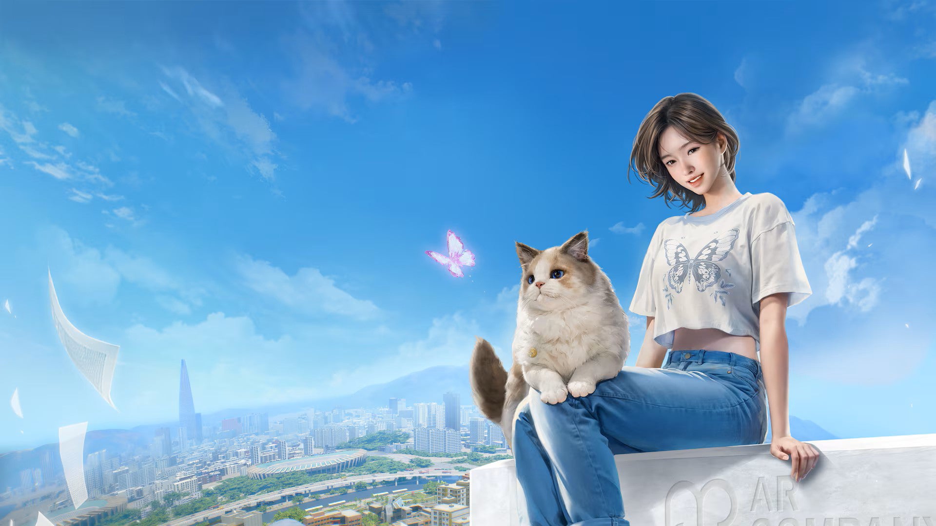 記事画像11: 青空の下、街並みを背景に猫と少女が座る。