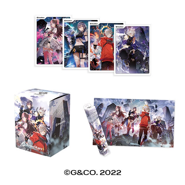 記事画像3: 「XrossStars」のグッズセット。キャラクターイラストが描かれたカード、デッキケース、ミニポスター。
