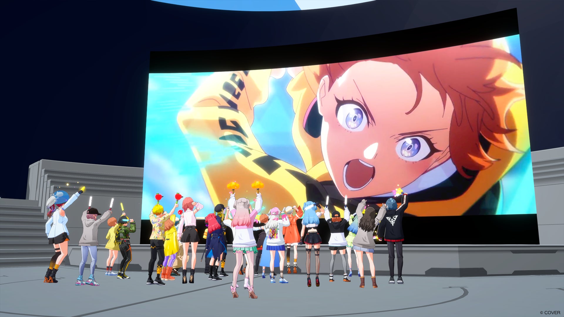 記事画像1: 大画面でアニメのライブ配信を観覧するバーチャルアイドルのファンたち