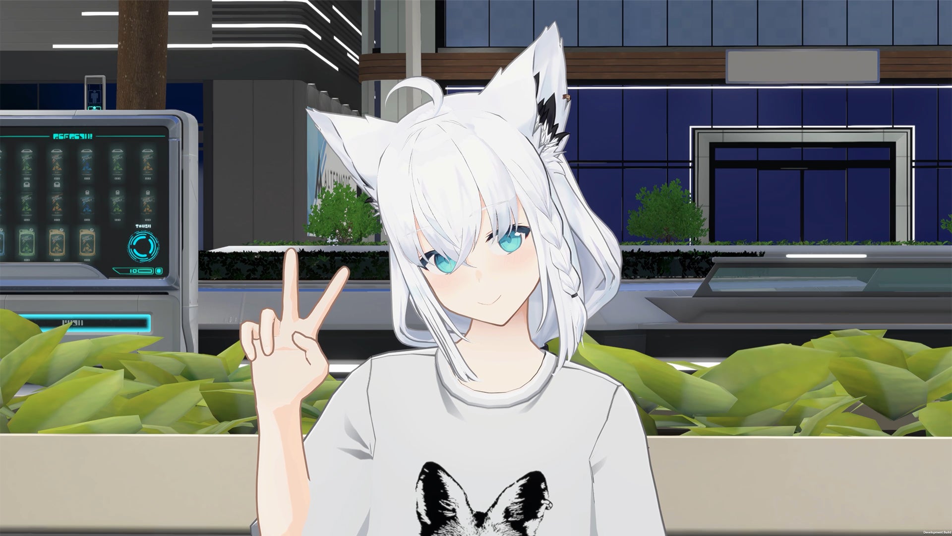 記事画像2: バーチャルキャラクターが自動販売機の前でピースサインをしている。