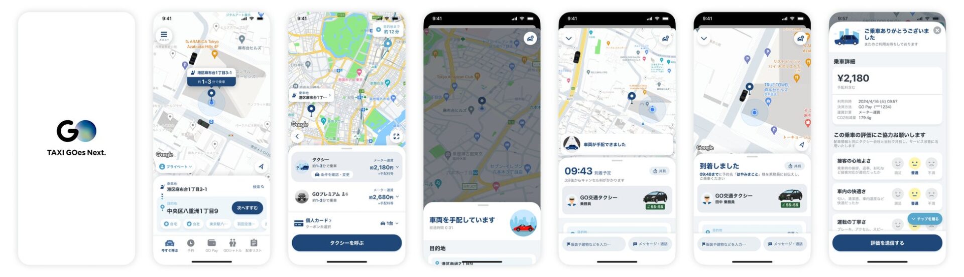記事画像3: GOタクシーアプリの画面遷移。乗車地、目的地、配車、到着、評価まで。