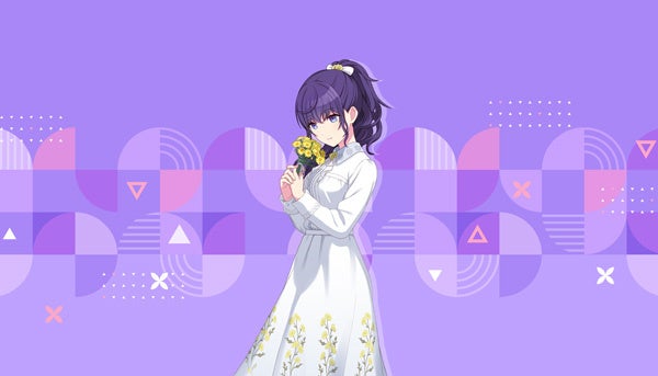 記事画像5: 紫色の背景に、白いワンピースを着たアニメ調の少女が黄色い花束を持っている。