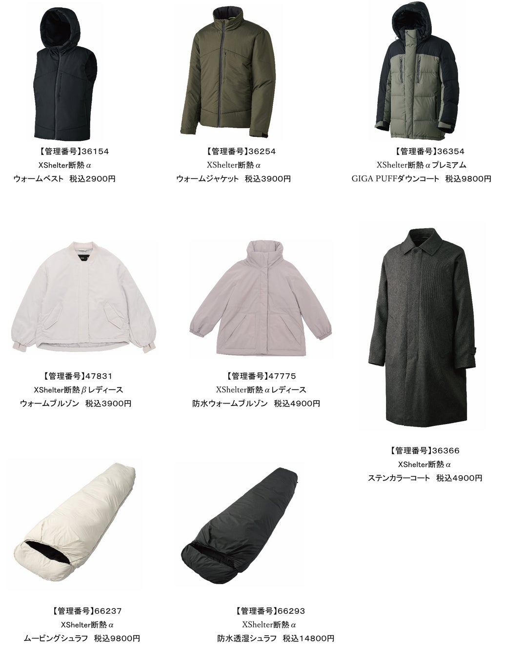 記事画像3: 様々なアパレル製品と寝袋のカタログ風画像