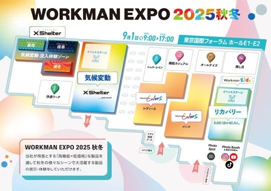 記事画像7: ワークマンEXPO2025秋冬の会場マップ。気候変動、快適ワーク、シェル・レインなど。